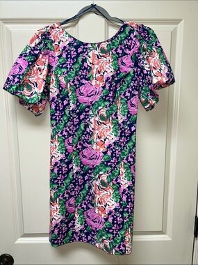 MELLODAY Purple Floral Midi Dress with Pink & Green Accents